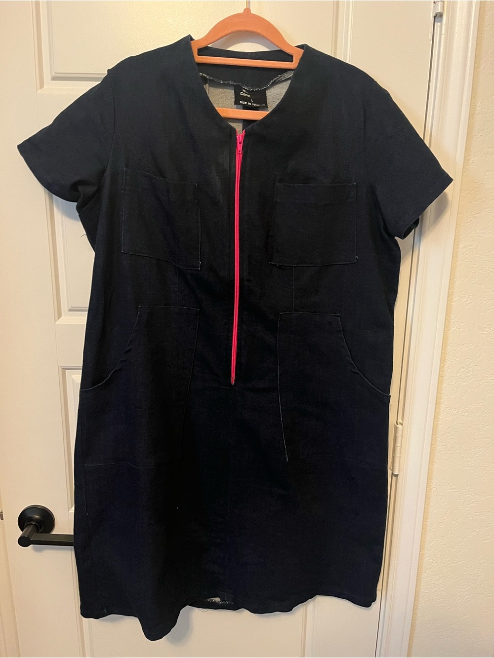 Matrushka Construction - Blue Denim Jean Coverall Mini Dress Pink Zipper L Large